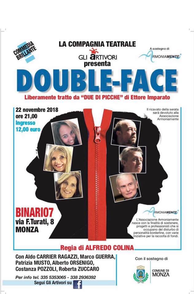 Locandina dello spettacolo di beneficienza Double Face e eseguito da la compagnia teatrale GLi Artivori.